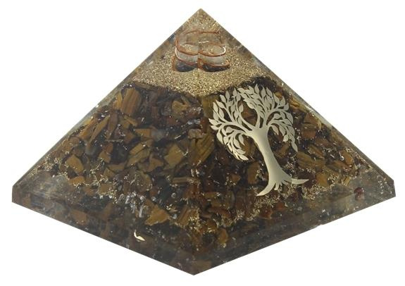 PYRAMIDE ORGONITE OEIL DE TIGRE AVEC SYMBOLE ARBRE DE VIE