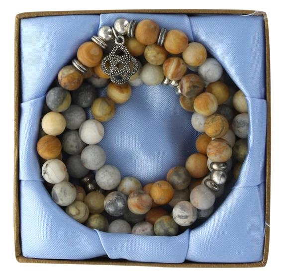 MALA EN AGATE CRAZY LACE - 108 PERLES DE 8 MM - MEDAILLE FLEUR AVEC BOITE