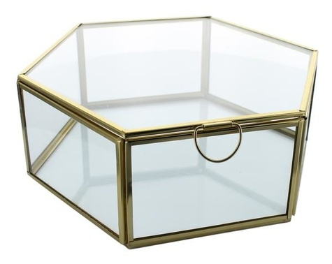 BOITE EN VERRE ET METAL HEXAGONALE 1 COMPARTIMENT DOREE GM