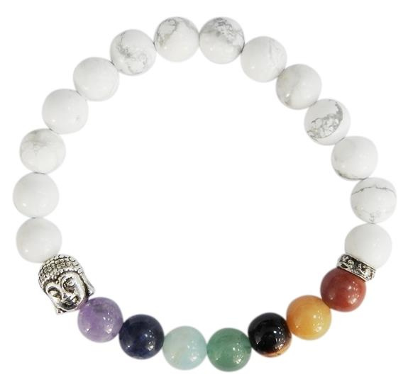Bracelet 7 Chakras Howlite Blanche Perles rondes Bouddha 8 mm