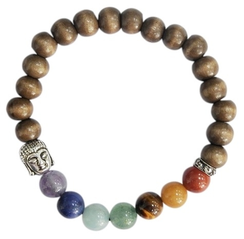 BRACELET 7 CHAKRAS BOIS PERLES RONDES 8 MM BOUDDHA