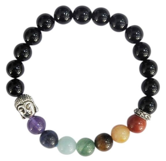 BRACELET 7 CHAKRAS ONYX NOIR PERLES RONDES 8 MM BOUDDHA