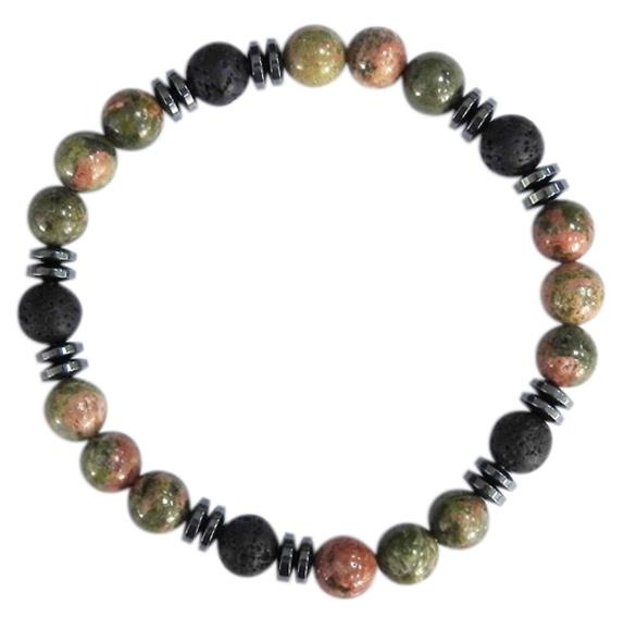 BRACELET H UNAKITE, PIERRE DE LAVE PERLES RONDES 8 MM
