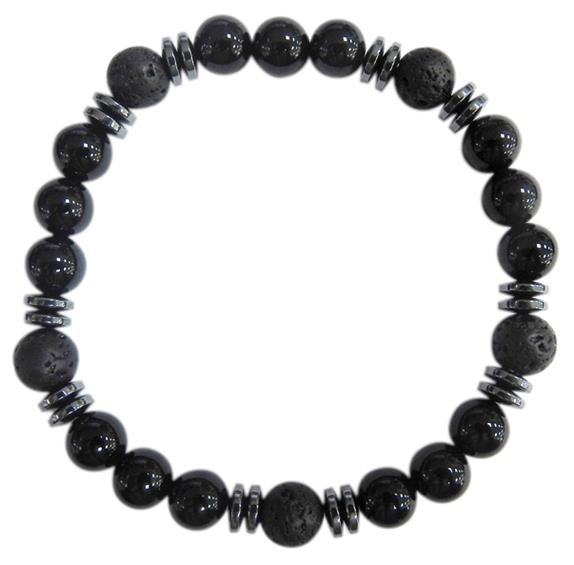 BRACELET H ONYX NOIR, PIERRE DE LAVE PERLES RONDES 8 MM