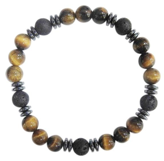 BRACELET H OEIL DE TIGRE ET PIERRE DE LAVE PERLES RONDES 8 MM