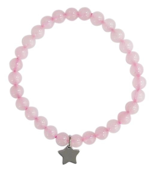 BRACELET QUARTZ ROSE PERLES RONDES 6 MM BRELOQUE ETOILE