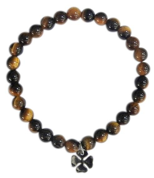 BRACELET OEIL DE TIGRE PERLES RONDES 6 MM BRELOQUE TREFLE