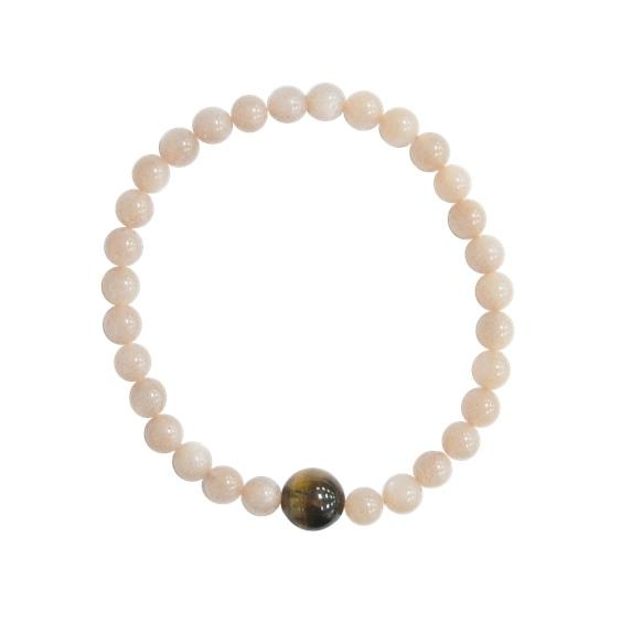 BRACELET PIERRE DE LUNE PERLES RONDES 6 MM ET PERLE UNIQUE OEIL DE TIGRE 1 CM