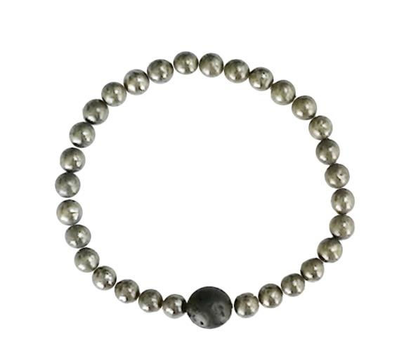 BRACELET PYRITE PERLES RONDES 6 MM ET PERLE UNIQUE LAVE 1 CM