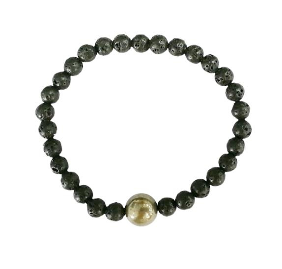 BRACELET PIERRE DE LAVE PERLES RONDES 6 MM ET PERLE UNIQUE PYRITE 1 CM