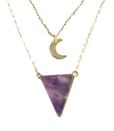 COLLIER AMETHYSTE TRIANGLE ET LUNE CHAINE DOREE