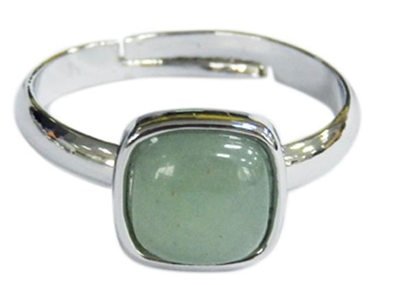 BAGUE AVENTURINE VERTE CARREE BOMBEE METAL ARGENTE AJUSTABLE