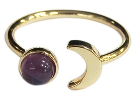 BAGUE AMETHYSTE PERLE 6 MM ET LUNE METAL DORE AJUSTABLE