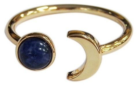 BAGUE SODALITE PERLE 6 MM ET LUNE METAL DORE AJUSTABLE