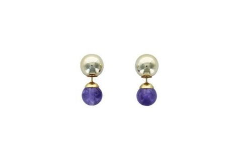 BOUCLES D'OREILLES AMETHYSTE BOULES REVERSIBLES METAL DORE