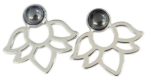BOUCLES D'OREILLES HEMATITE PERLE ET LOTUS METAL ARGENTE