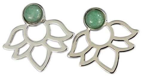 BOUCLES D'OREILLES AVENTURINE VERTE PERLE ET LOTUS METAL ARGENTE