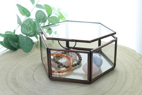 BOITE EN VERRE ET METAL HEXAGONALE 1 COMPARTIMENT CUIVREE PM