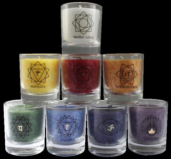 ENSEMBLE DE 8 PETITES BOUGIES - 7 CHAKRAS ET LOTUS BLANC