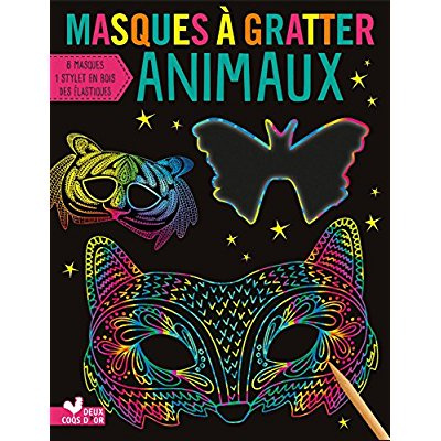 Masques à gratter Animaux. Avec un stylet en bois et des élastiques