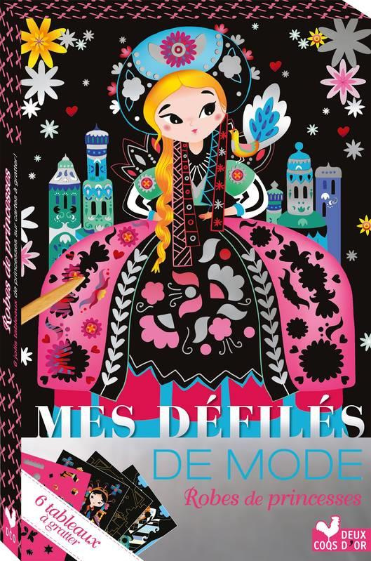 Robes de princesses. 6 tableaux à gratter. Avec 1 planche de pochoirs, 1 mode d'emploi, 1 stylet