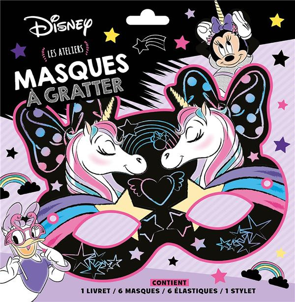 Masque à gratter Minnie et la licorne. Les ateliers. Contient : 1 livret, 6 masques, 6 élastiques, 1