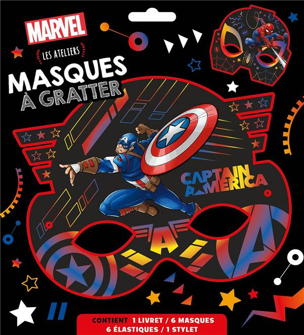 Masque à gratter Marvel. Les ateliers. Contient : 1 livret, 6 masques, 6 élastiques, 1 stylet