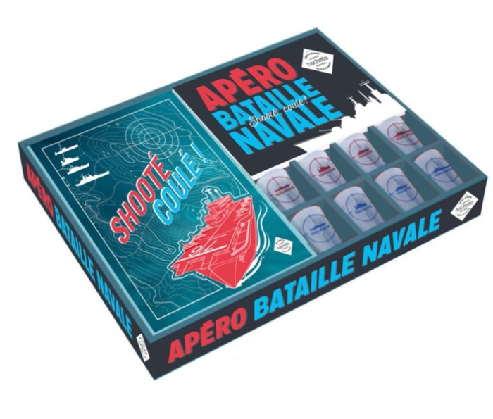 Apéro Bataille navale. Coffret avec : 1 plateau de jeux effaçable de bataille navale, 8 verres à sho