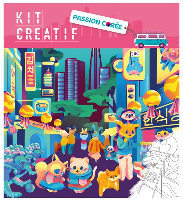 Kit créatif Passion Corée. Coffret avec 2 tableaux à peindre, 1 carte de la Corée du Sud à décorer,