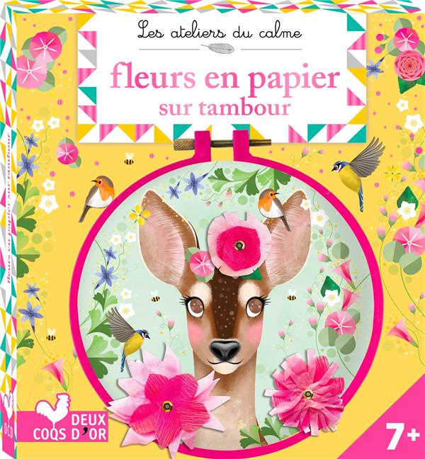Fleurs en papier sur tambour. Avec 1 tambour, 1 tableau autocollant, 1 support en mousse, 3 clous, 3