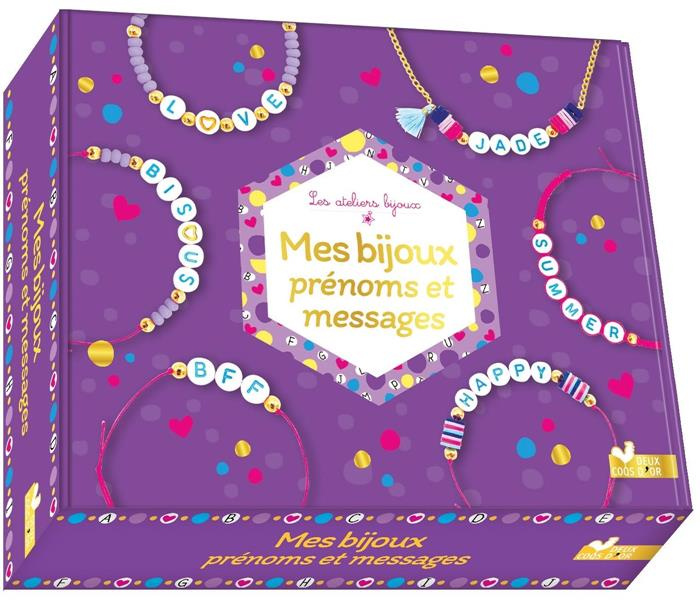 Mes bijoux prénoms et messages. Coffret avec des perles de rocaille, des perles dorées, des perles h