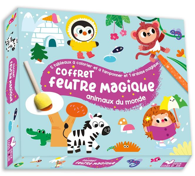 Coffret feutre magique animaux du monde. 5 tableaux à colorier et tamponner, coffret avec accessoire