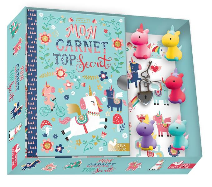 Mon carnet top secret licornes. Coffret avec 5 mini gommes, 1 carnet, 1 planche de stickers et 1 cad