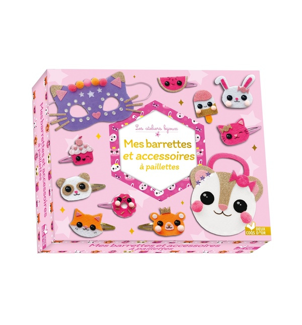 Mes barrettes et accessoires à paillettes. Avec 4 barrettes roses et 4 barrettes dorées, 1 sac à déc