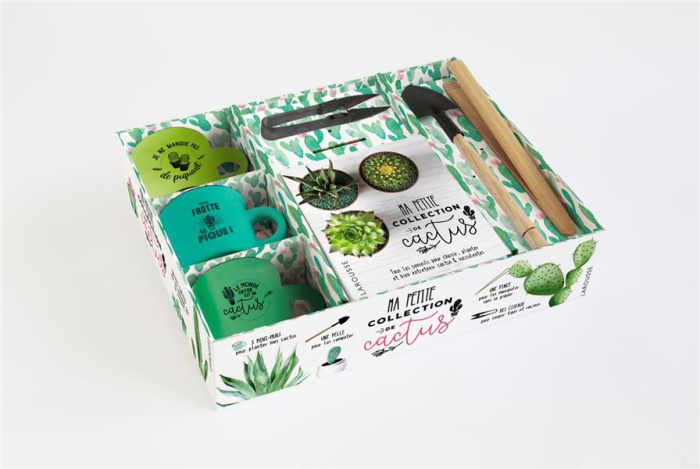 Ma petite collection de cactus. Coffret avec 3 ravissants mini-mugs, une mini-pelle, une pince en bo