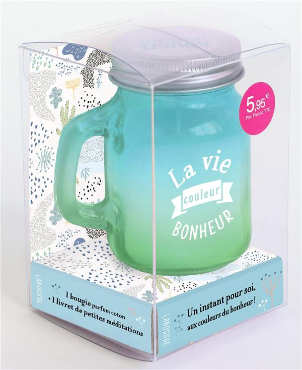 La vie couleur bonheur en bleu et vert. 1 bougie parfum coton   1 livrets de petites méditations. Un