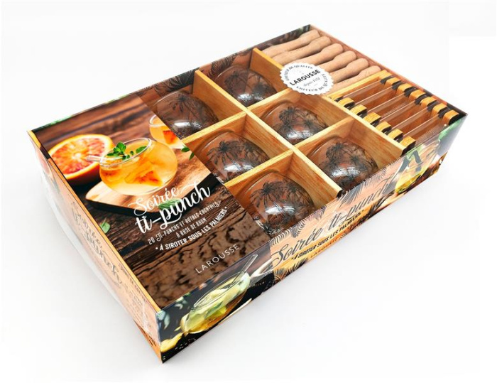 Coffret Soirée ti-punch. Le livre de 20 recettes avec 6 verres, 6 mini-pilons, 6 petites pailles et