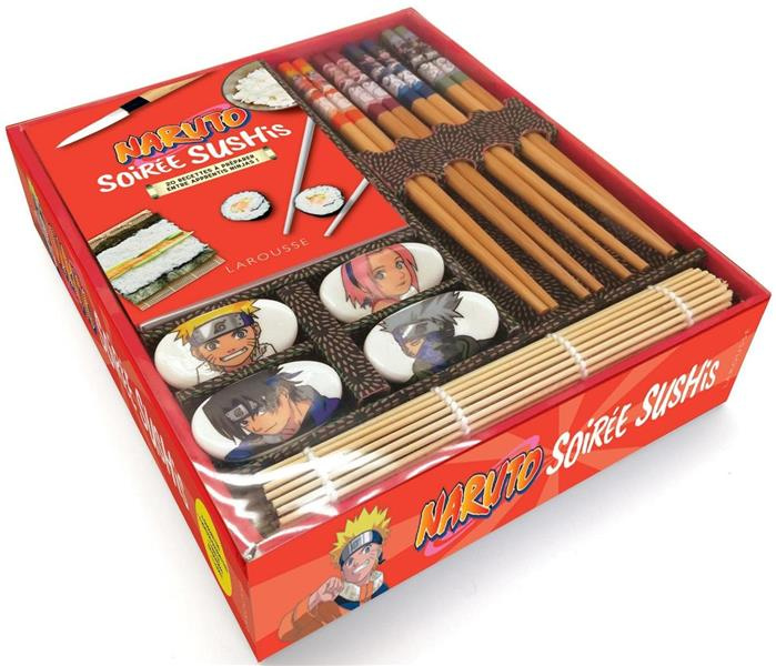 Naruto - Soirée sushis. 4 paires de baguettes ; 4 repose-baguettes ; 1 natte en bambou ; 1 livret de