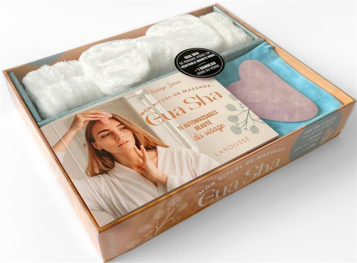 Mon rituel de massage Gua Sha. Coffret avec 1 gua sha en véritable quartz rose, 1 pochette et 1 band