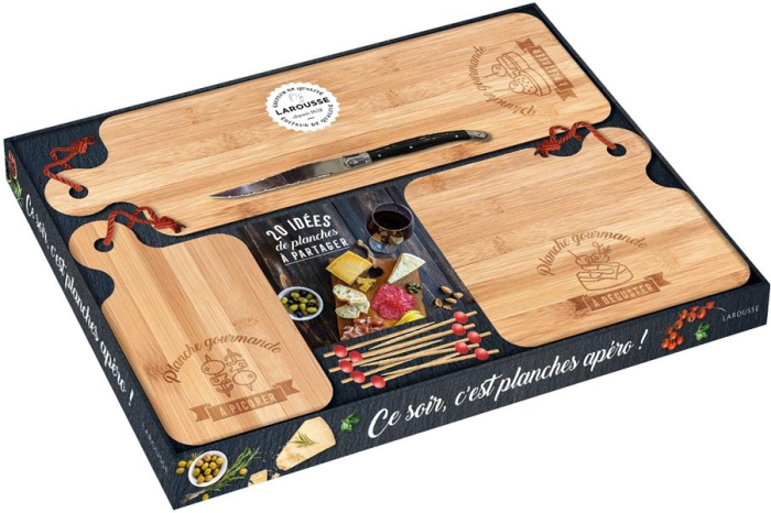 Ce soir c'est planches apéro ! Coffret avec 3 planches en bois, 1 couteau, des piques apéro en bois,
