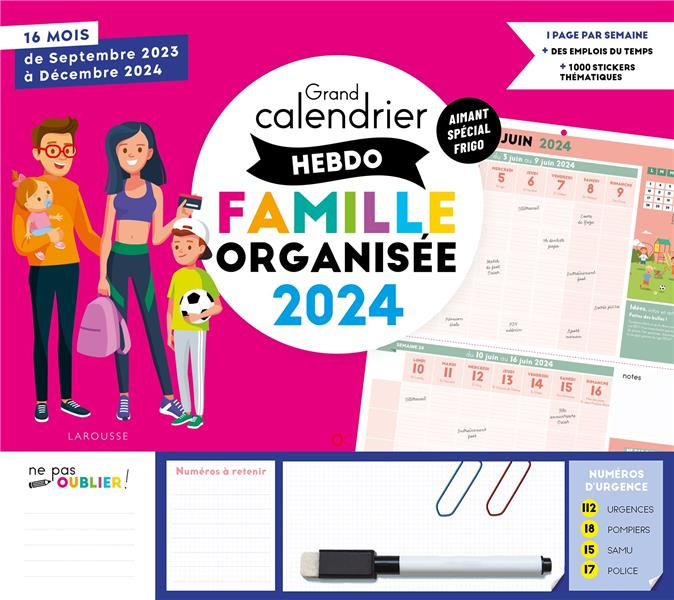 Grand calendrier hebdomadaire famille organisée. 16 mois, de septembre 2023 à décembre 2024, Edition