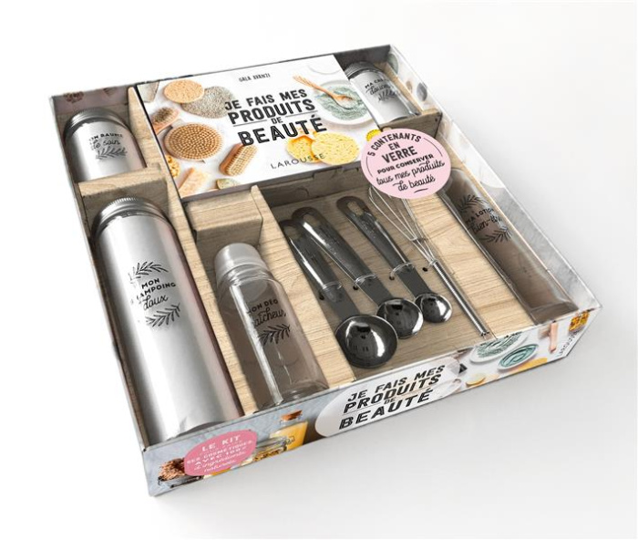 Je fais mes produits de beauté. Coffret avec 3 flacons, 1 roll-on et 1 spray en verre, 3 cuillères d