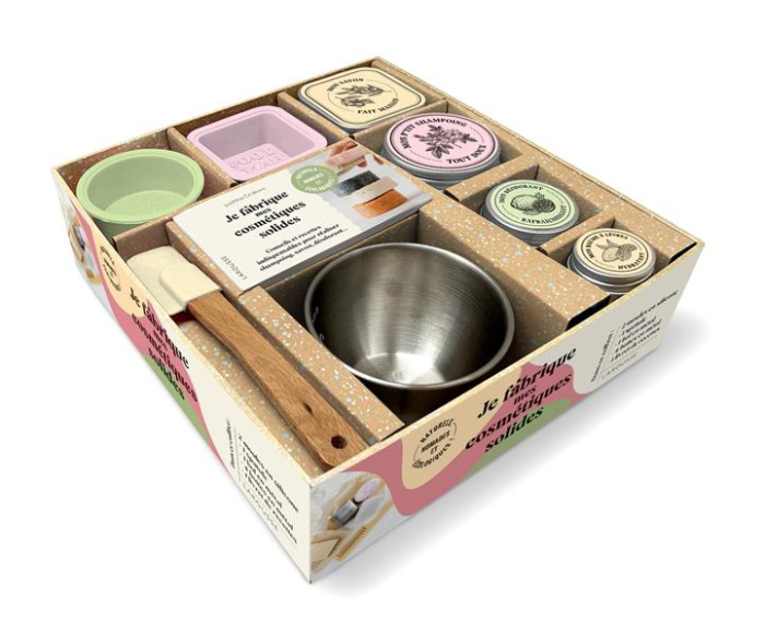 Je fabrique mes cosmétiques solides. Coffret avec 2 moules en silicone, 1 spature, 1 bol en métal, 4