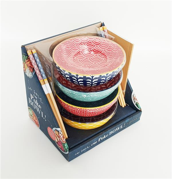 Ce soir c'est poke bowl ! Coffret avec 4 bols en céramique, 4 paires de baguettes et 1 livret