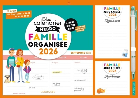 Bloc calendrier hebdo de la famille organisée. 12 mois, de septembre 2025 à août 2026. Avec 1 critér