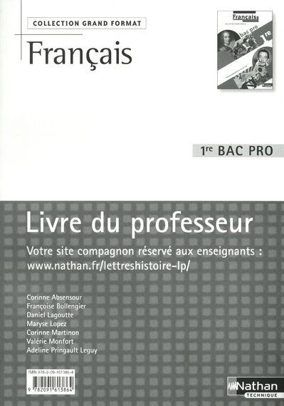 Français 1re bac pro. Livre du professeur