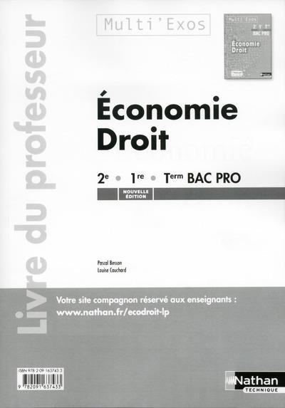 Economie droit 2e, 1re, Terminale Bac pro (multi'exos) (pochette). Livre du professeur, Edition 2015
