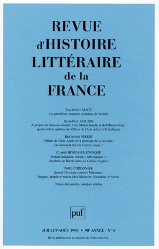 Revue d'histoire littéraire de la France N° 4, Juillet-août 1998