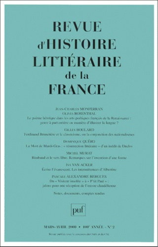 Revue d'histoire littéraire de la France N° 2 mars-avril 2000