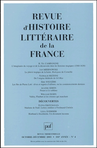 Revue d'histoire littéraire de la France N° 4, Octobre-Décembre 2003